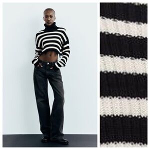 NWOT. Zara Black/White Striped Cropped Turtleneck Sweater. Size XS.